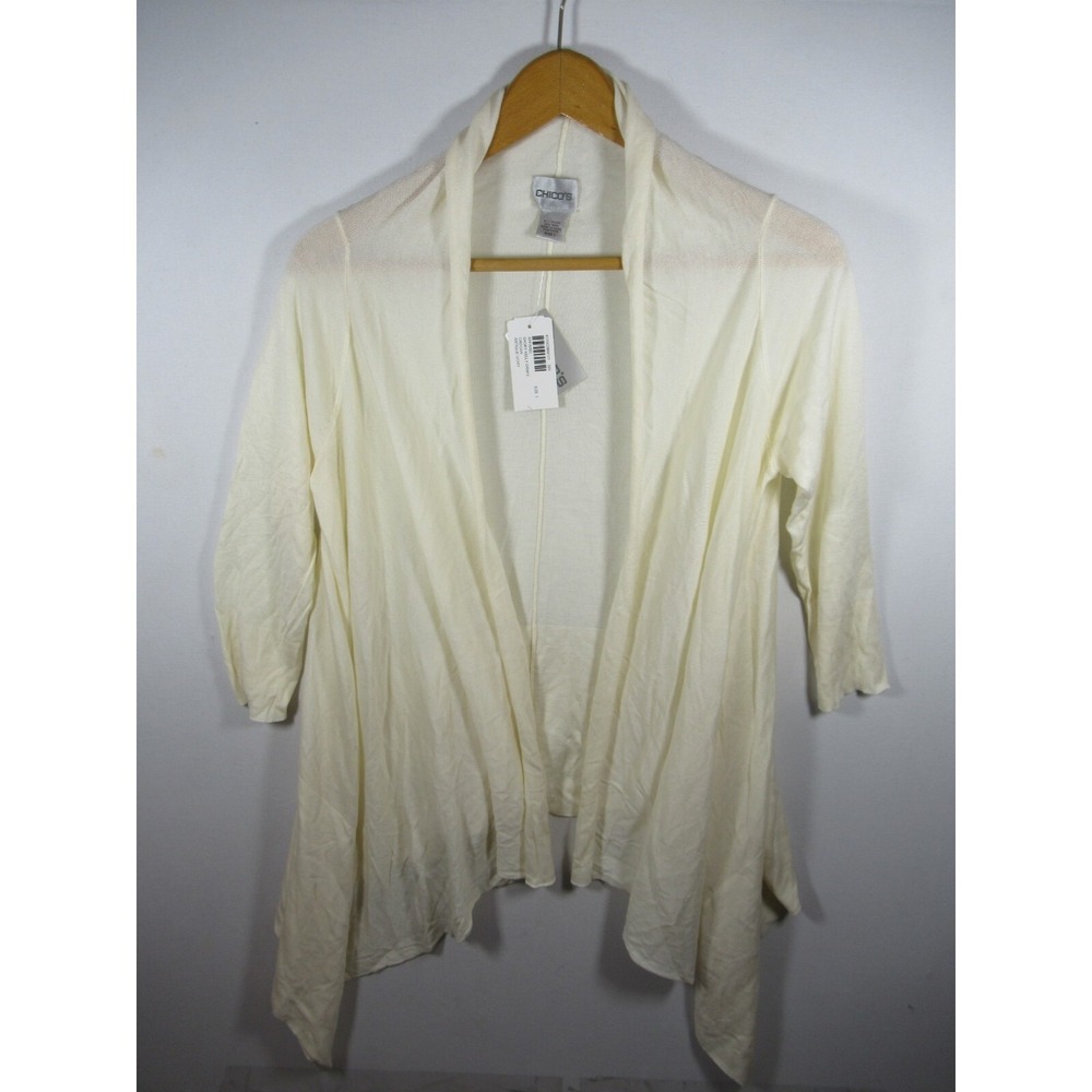 NEW Chico's Open Drape Cardigan Sweater Women Medium Ivory Modal/Wool 3/4 Sleeve